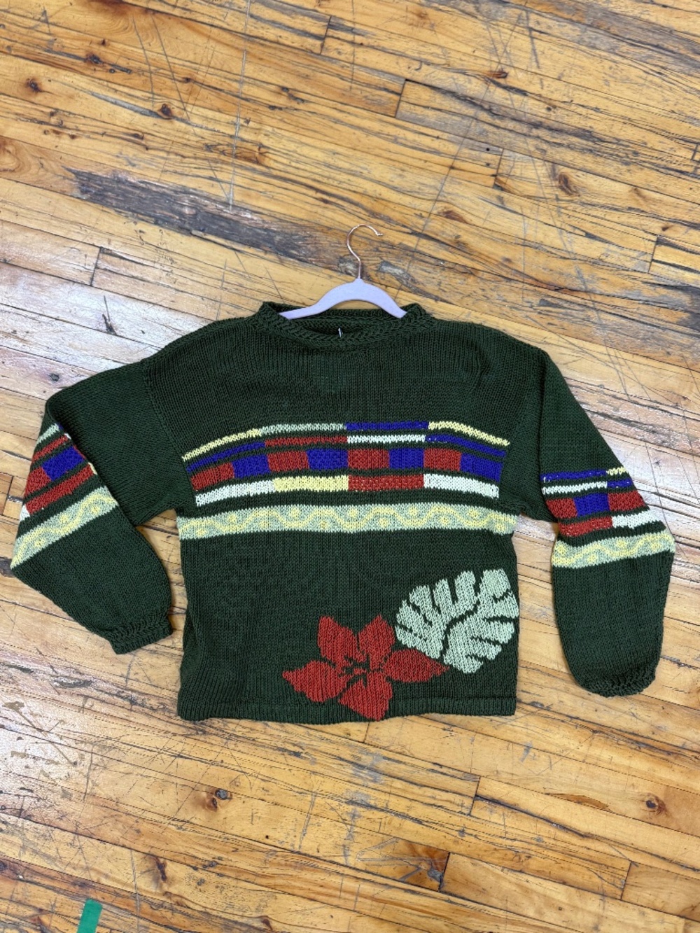 Handknit green and flowered sweater in size L